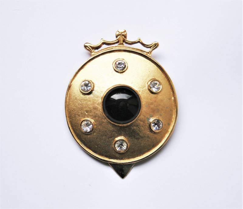 Vintage Vergoldete Brosche Swarovski Kristalle & Schwarzer Cabochon, Made in England Vintage Vergoldete Brosche Swarovski Kristalle & Schwarzer Cabochon, Made in England von RetroroxJewellery