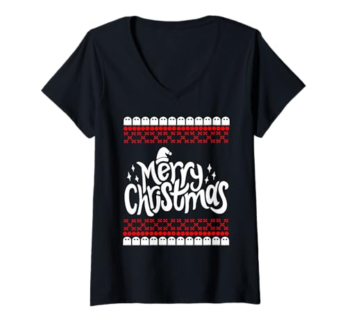 Damen Lustiges Retro-Gamer-Pixel-Design zu Weihnachten T-Shirt mit V-Ausschnitt von Retrospiele und Pixel für Arcade-Fans