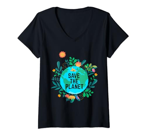 Damen Save The Planet Naturschutz Klimawandel T-Shirt mit V-Ausschnitt von Rette den Planeten, Klimawandel & Naturschutz