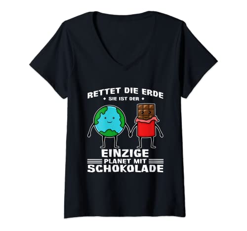 Damen Rettet die Erde sie ist der einzige Planet mit Schokolade T-Shirt mit V-Ausschnitt von Rettet die Erde der einzige Planet mit Schokolade