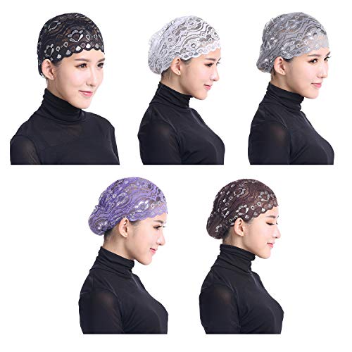 Vpang Muslimische Hijab-Kappen für Damen, glänzende Spitze, Stretch-Mütze, Turban-Mütze, Chemo-Kappe, Kopfbedeckung, 5 Stück, Set 4, Medium Vpang Muslimische Hijab-Kappen für Damen, glänzende Spitze, Stretch-Mütze, Turban-Mütze, Chemo-Kappe, Kopfbedeckung, 5 Stück, Set 4, Medium von Retzjorv