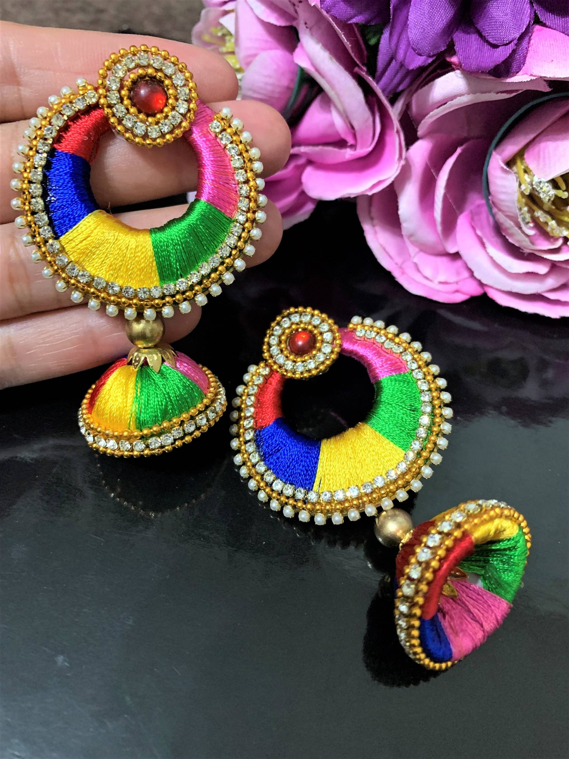 Designer Seidenfaden Gold Multi Farben Jhumka Ohrringe Schmuck Für Hochzeit Eid Navratri Kronleuchter Afghani Boho von Revajewellery