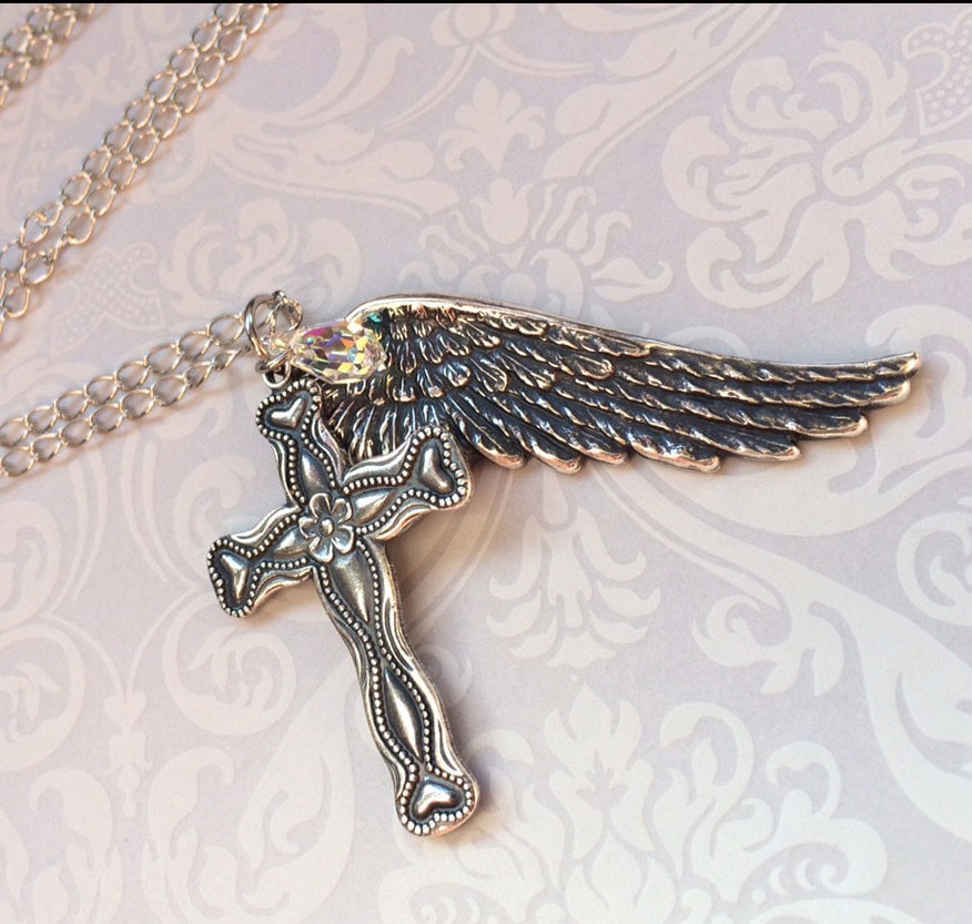 Flügel Kreuz Halskette, Silber Engel Schmuck, Glaube Wunderschöne Anhänger Halskette Mit Swarovski Kristall Geschenk von RevelleRoseJewelry