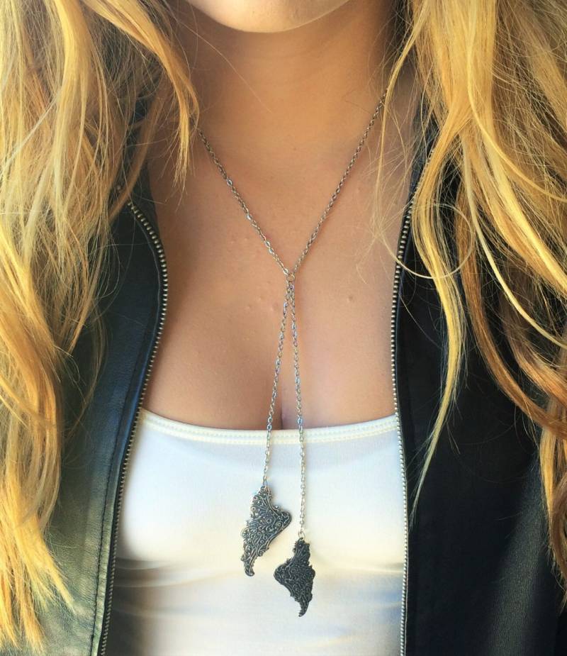 Silber, Personalisierte Halskette-Angel Wing Halskette, Angel Schmuck, Personalisierte Y-Halskette, Silber Lariat von RevelleRoseJewelry