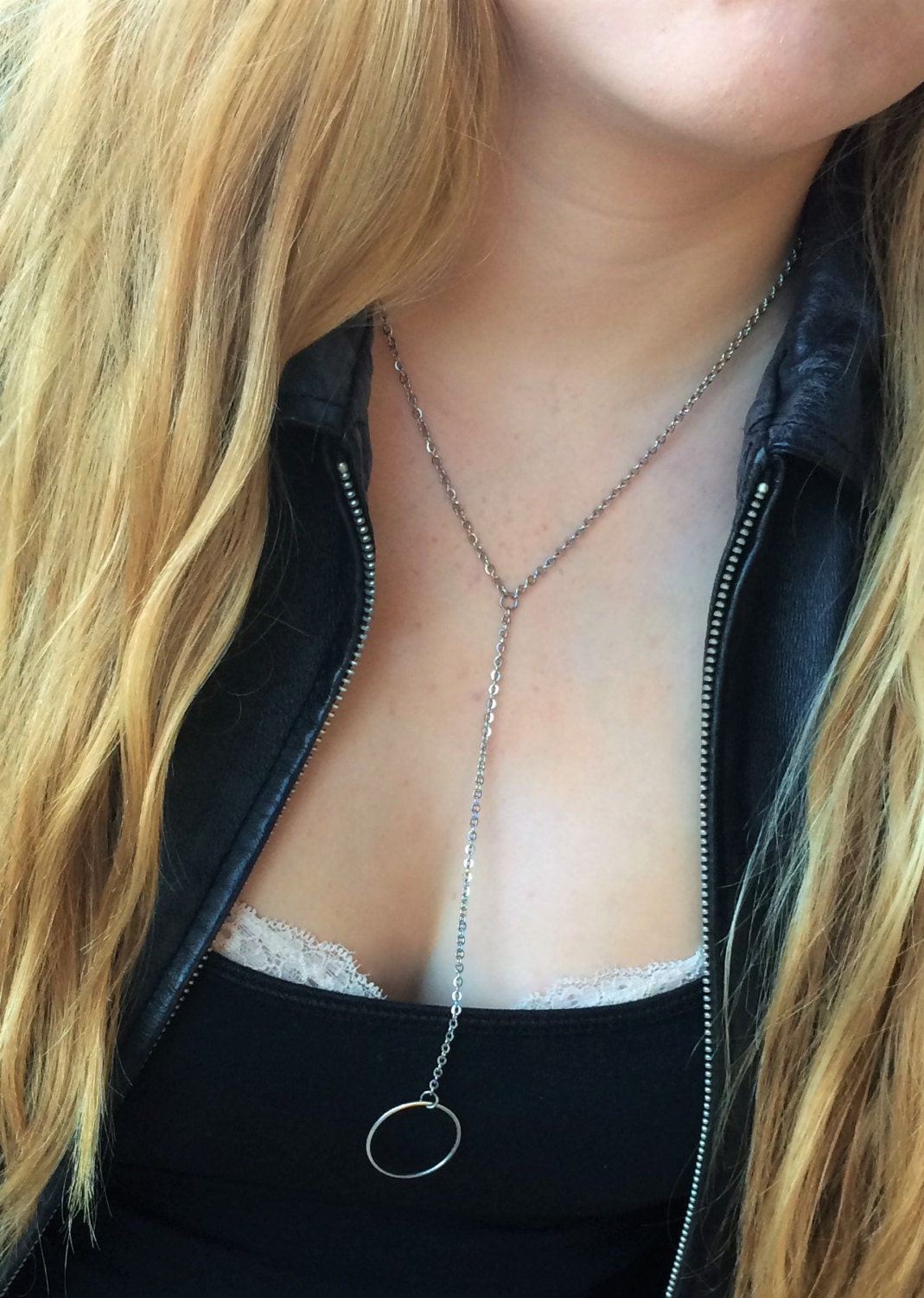 Silber Y Halskette-Silber Kreis Lariat, Anhänger Halskette, Einfache Lange Tropfen Schmuck von RevelleRoseJewelry