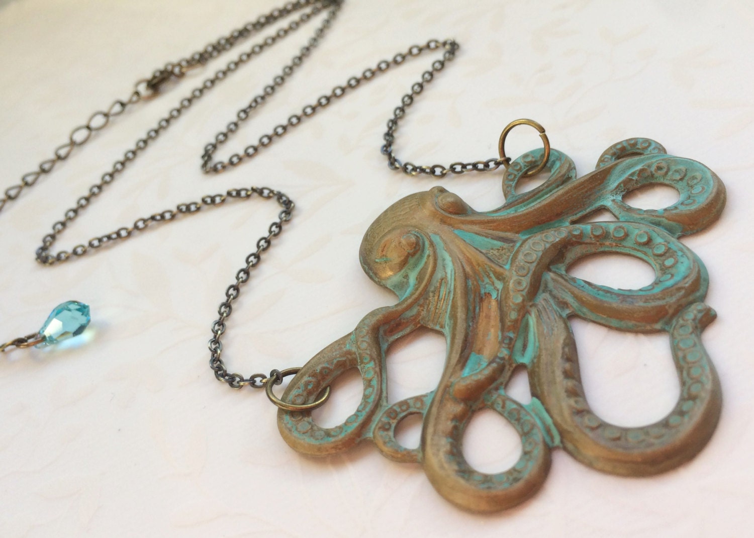 Verdigris Oktopus Halskette-Grüne Patina Krake Halskette, Vintage Style Schmuck, Verstellbare Kette, Swarovski Kristall, Geschenk von RevelleRoseJewelry