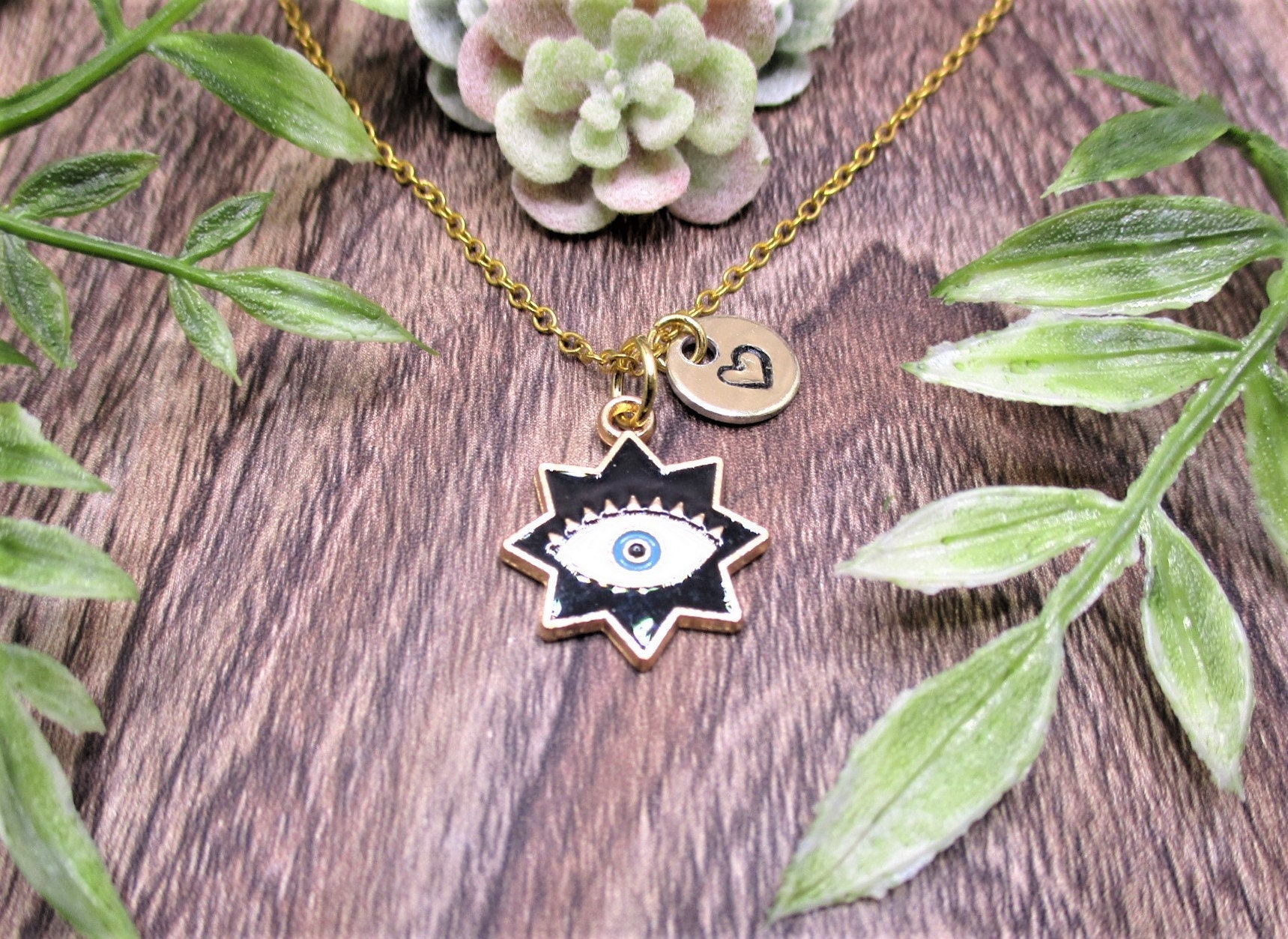 Gold Und Schwarz Evil Eye Halskette Personalisierter Handgestempelter Buchstabe Initiale Beste Freundin Schmuck Mama Geschenke Für Sie von RevelryJewelry