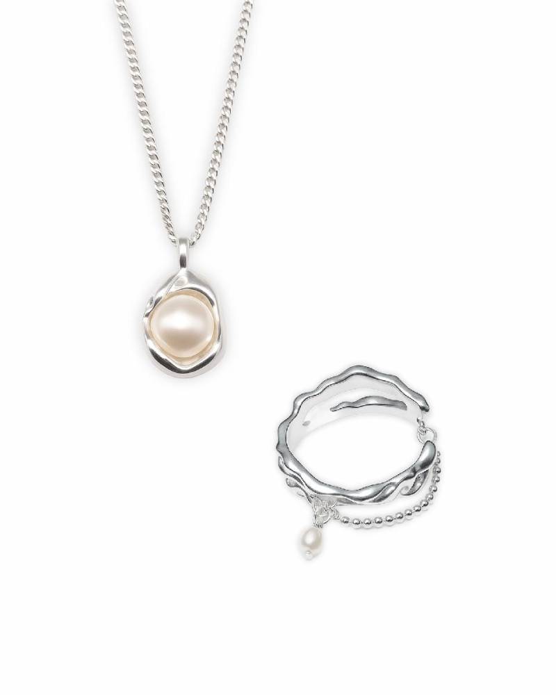 Silber 925 Set Ring Und Collier Perle von Reveurjewel
