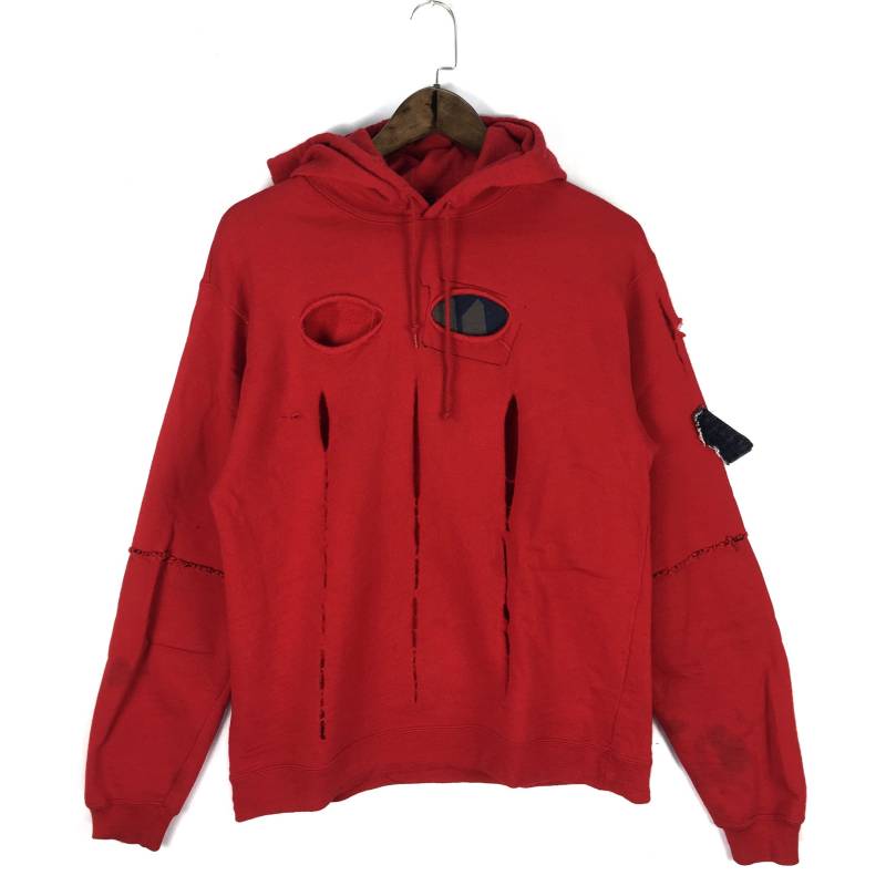 Atemberaubend Vintage A.p.c Rot Scarlet Wolle Zerrissene Ripped Patchwork Hoodie Made in Frankreich Pullover Größe L von RevivalModeWarehaus