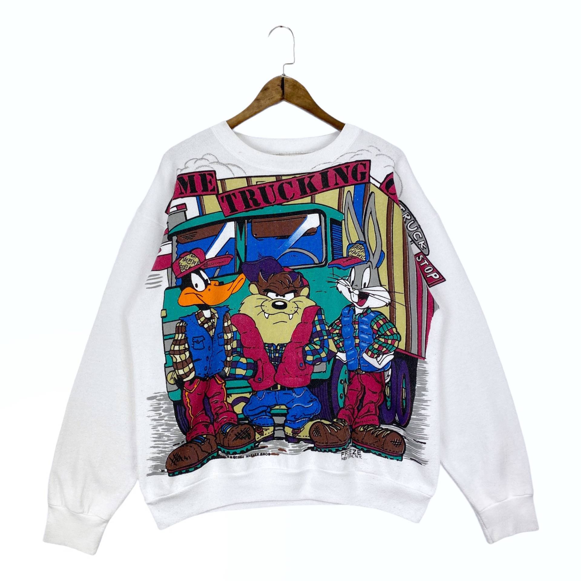 Vintage 1994 Warner Bros All Over Print Sweatshirt Crewneck Weiß Made in Usa Pullover Größe Xl von RevivalModeWarehaus