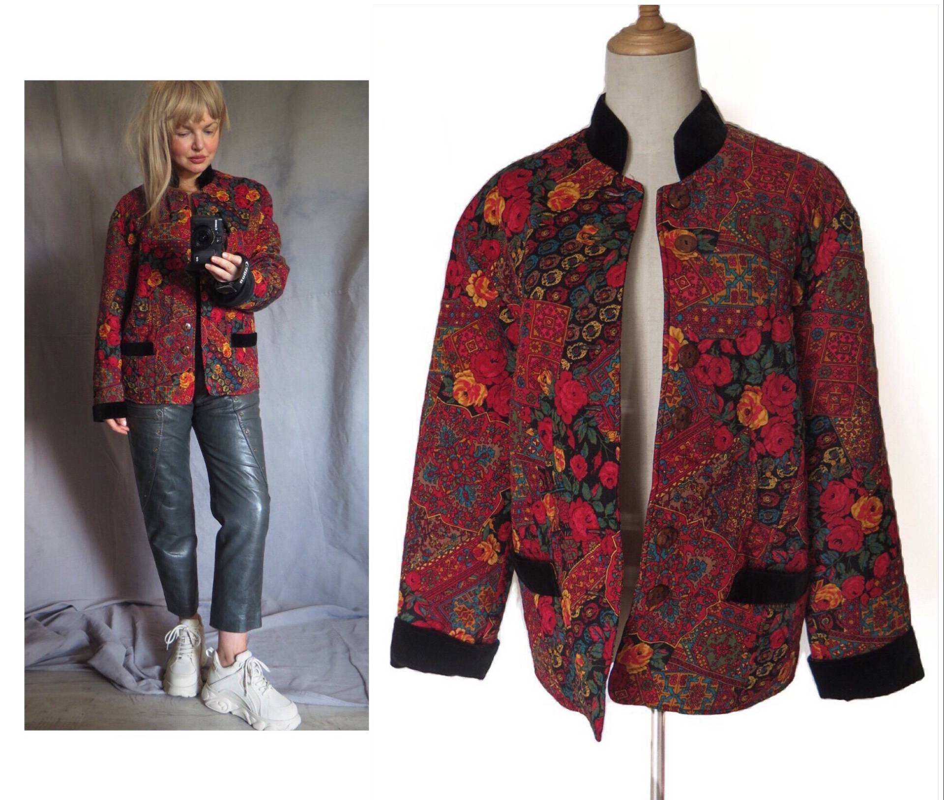 Geiger Of Austria Vintage Dünne Wolle Quilted Superior Qualität Floral Barock Print Mehrfarbig Rot Kurze Jacke Blazer Samt Borte, M/L von ReviveThemAll