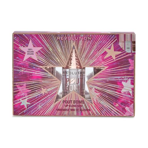 Revolution Pout Bomb Plumping Lip Gloss Trio Gift Set, 3 Lipglosse in Originalgröße mit Hyaluronsäure & Peptiden, vegan und tierversuchsfrei von Revolution Beauty London