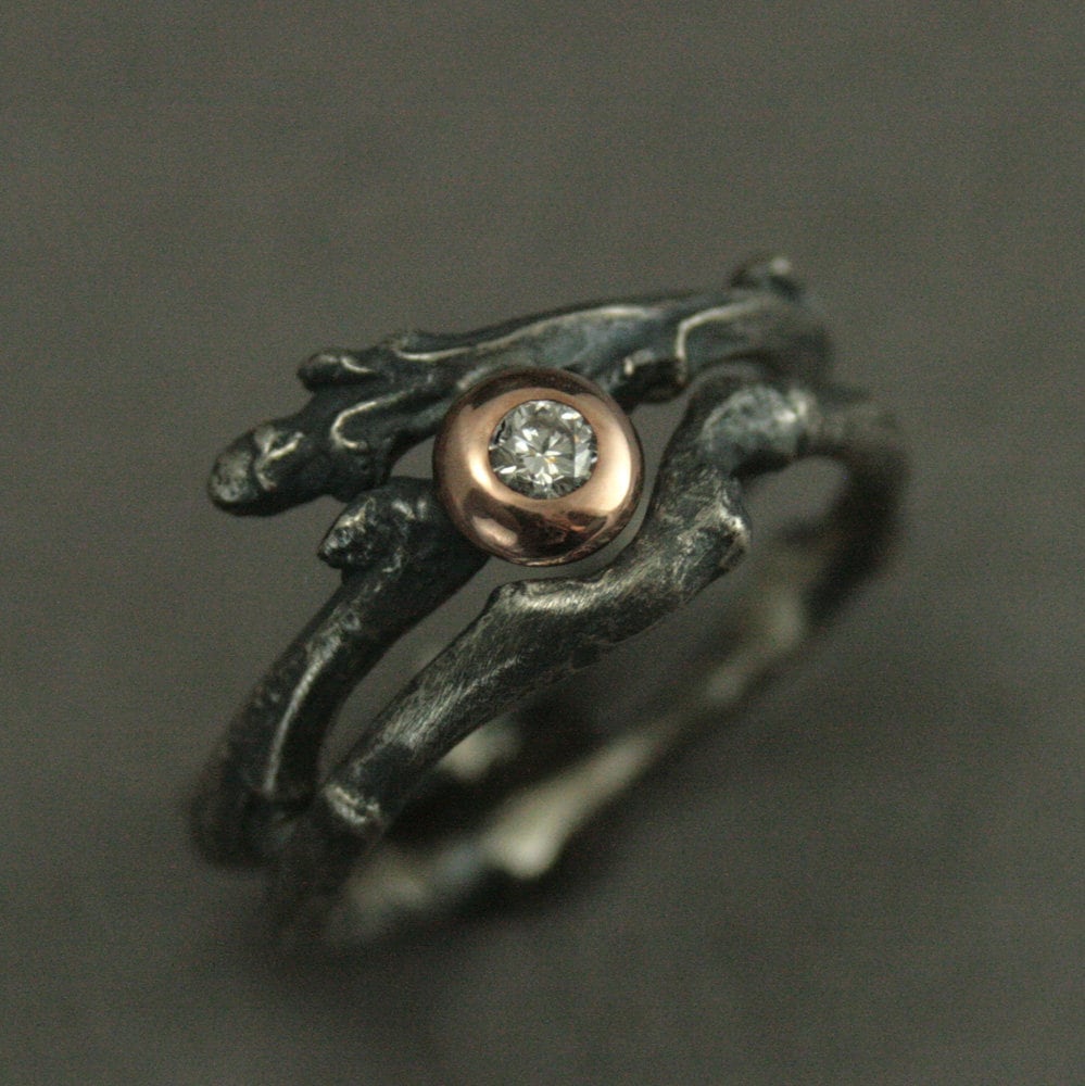 Diamant-Braut-Set Naturguss-Zweigbänder Diamant-Zweigringe Rose Gold-Lünette Rustikales Braut-Set Brautringe Diamant-Verlobungsringe von RevolutionBA