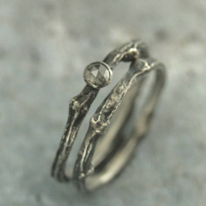 Diamant-Zweig-Braut-Set Einzigartige Verlobungsring Wald Hochzeits-Set Zweigring Ehering Rosenschliff Grauen Diamanten Rustikales Verlobungs-Set von RevolutionBA