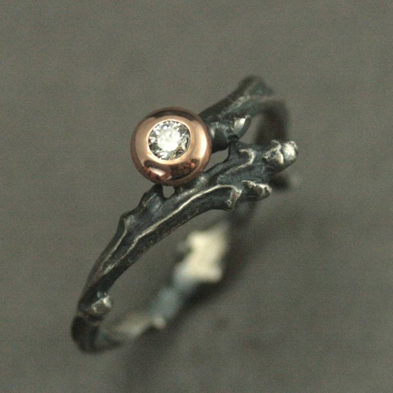 Diamant Zweig Ring Rose Gold Lünette Rustikaler Verlobungsring Brautring Natur Frost in Den Wald von RevolutionBA
