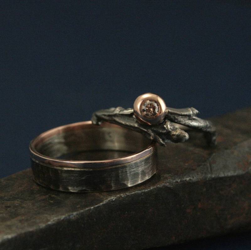 Rustikale Wald Hochzeit Set Zweig Ring Mit Champagner Diamant in Rose Gold Ehering Natur Inspiriert Mixed Metal von RevolutionBA