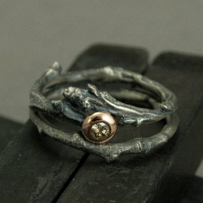 Silber Ring Braut Set Seele Des Waldes Zweig Frau Hochzeit Natur Inspiriert Ehering Champagner Diamant von RevolutionBA