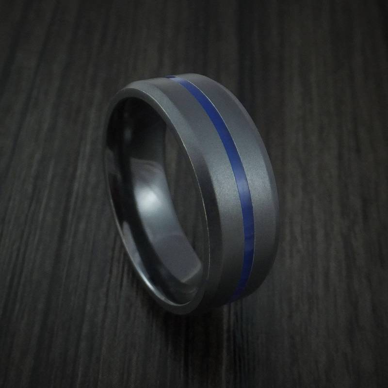 Trauring Schwarzer Zirkon Mit Hellblauer Einlage Dünne Blaue Linie Echte Handwerkskunst von RevolutionRings
