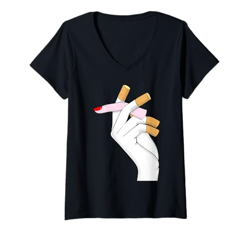 Damen Surreal Zigarette Rauchen Hand Crazy Graphic Lustig T-Shirt mit V-Ausschnitt von Revolutionary Merch