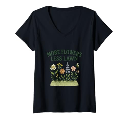 Damen More Flowers, Less Lawn Save The Bees No Mow Pollinator T-Shirt mit V-Ausschnitt Damen More Flowers, Less Lawn Save The Bees No Mow Pollinator T-Shirt mit V-Ausschnitt von Rewild and Co