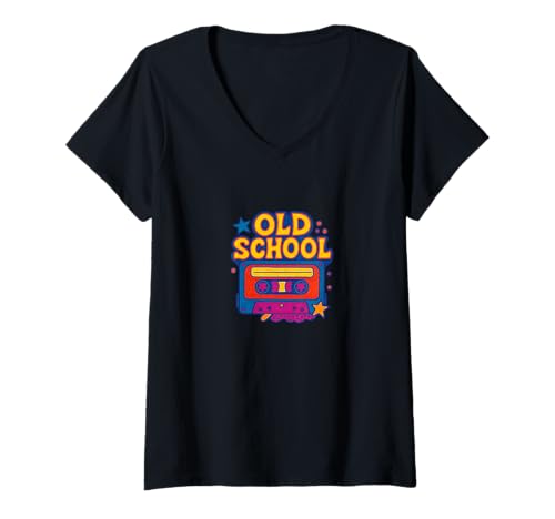 Damen Old School Kassette Retro T-Shirt mit V-Ausschnitt Damen Old School Kassette Retro T-Shirt mit V-Ausschnitt von Rewind Vibe Emporiums