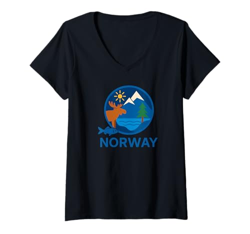Damen Norwegen - Nordic Nature Design mit Elch, Bergen & Fjorden T-Shirt mit V-Ausschnitt Damen Norwegen - Nordic Nature Design mit Elch, Bergen & Fjorden T-Shirt mit V-Ausschnitt von RexAndHoundTales