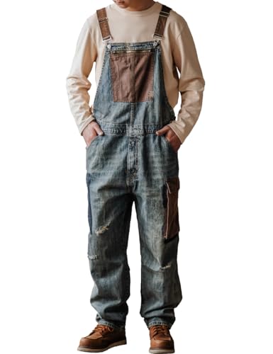 Rexcyril Herren Baggy Denim Latzhose Vintage Kontrast Distressed Arbeit Latzhose Schlampiger Overall mit großen Taschen, Blau, 50 von Rexcyril