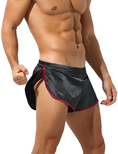 Rexcyril Herren Boxer Jockstrap Sexy Unterwäsche Seidige Satin Split Side Gym Running Active Shorts, schwarz / rot, X-Large von Rexcyril