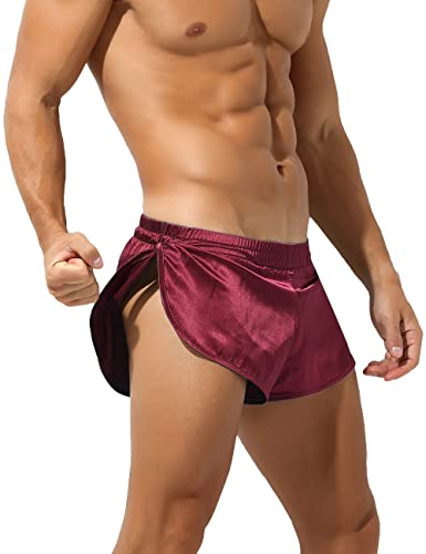 Rexcyril Herren-Boxershorts, sexy Unterwäsche, seidig, geteilte Seiten, Satin, weinrot, Large von Rexcyril