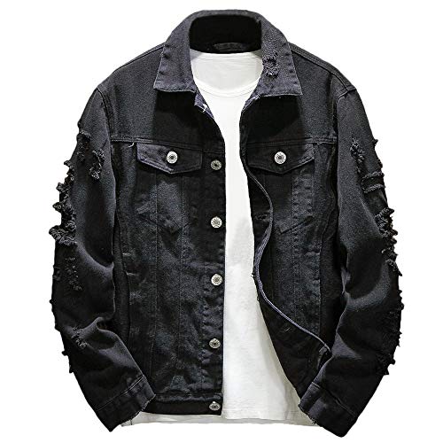 Rexcyril Herren Distressed Denim Jacke Casual Ripped Löcher Button Down Trucker Jacke Jean Coat - Schwarz - X-Large von Rexcyril