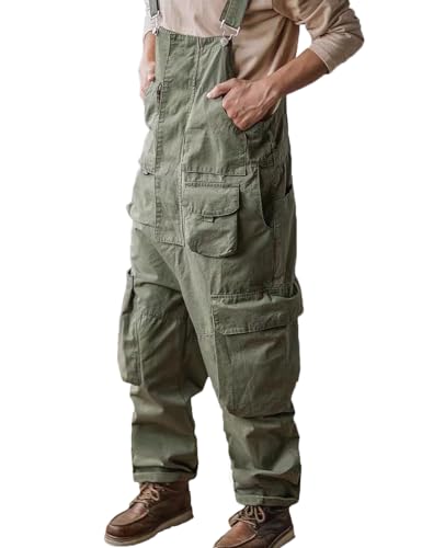 Rexcyril Modische Latzhose für Herren, lockere Passform, Baggy, lässig, Arbeitskleidung, leicht, schlampig, mit Cargotaschen, Grün, 34, Grün , 50 von Rexcyril