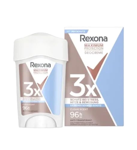Rexona Women Maximum Protection Anti Transpirant Deo Creme Clean Scent Deodorant mit 96 Stunden Schutz gegen starkes Schwitzen und Geruch mit 3x Schutz bei Stress, Hitze & Bewegung 45 ml von Rexona