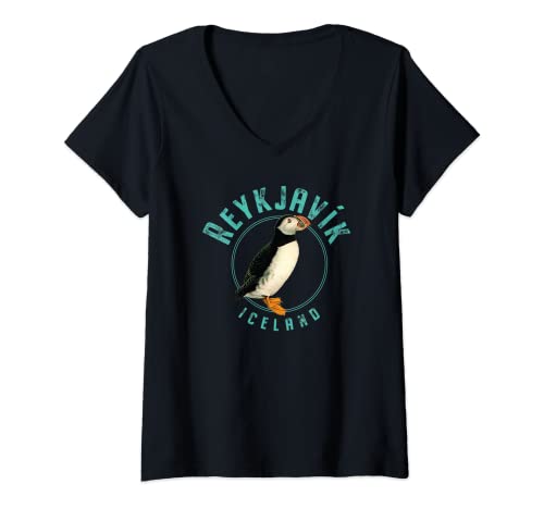 Damen Reykjavík Island Papageientaucher-Design T-Shirt mit V-Ausschnitt Damen Reykjavík Island Papageientaucher-Design T-Shirt mit V-Ausschnitt von Reykjavík Iceland Gear