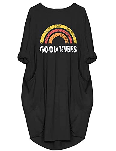Damen Kleid Good Vibes Regenbogen Print Casual Langarm Rundhals mit Taschen Lose Tops, schwarz, Groß von Rfecccy