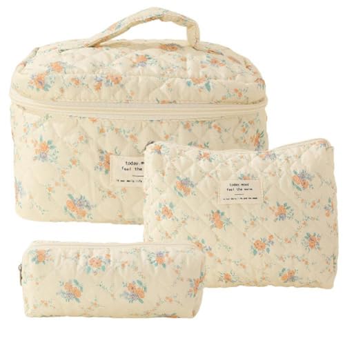 Rfeeuubft Kosmetiktasche für Make-Up, Kosmetiktasche, Große Kapazität, Make-Up-Tasche, 3-Teilig, Gesteppte Make-Up-Tasche Aus Baumwolle, Ästhetische Kulturtasche mit Blumenmuster für Damen B Rfeeuubft Kosmetiktasche für Make-Up, Kosmetiktasche, Große Kapazität, Make-Up-Tasche, 3-Teilig, Gesteppte Make-Up-Tasche Aus Baumwolle, Ästhetische Kulturtasche mit Blumenmuster für Damen B von Rfeeuubft
