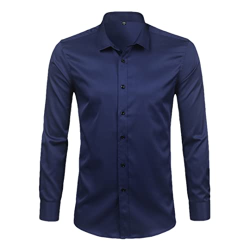 Bambus Faser Herren Hemden Slim Fit Solide Langarm Kausale Button Down Hemden, Marina Military, XL von Rfmfkkg