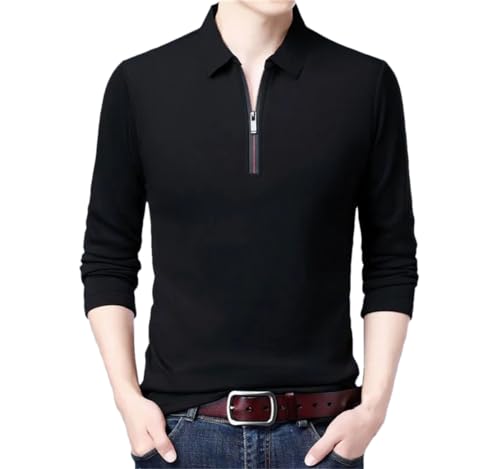 Herren Reißverschluss Casual Solid Polo Shirt Langarm Kragen Business Lose Shirts Tops, Schwarz , L von Rfmfkkg