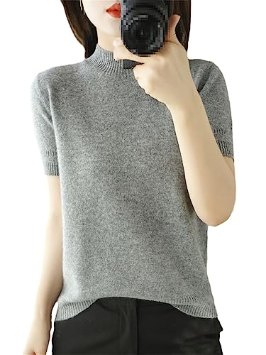 Kurzärmliger Damen-Pullover Mit Halbem Stehkragen, Schmaler Baumwollpullover, Weste, T-Shirt Gestrickt Gray M von Rfmfkkg