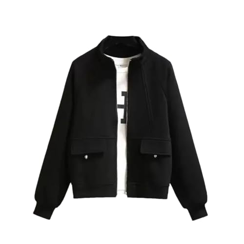 Rfmfkkg Damen-Baseballjacke, dünn, locker, Studenten-Top-Mantel, Rundhalsausschnitt, lässige Bomberjacken, balck, 46 von Rfmfkkg