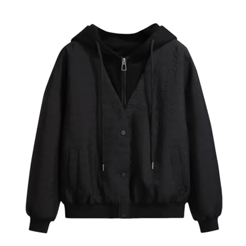 Rfmfkkg Damen-Bomberjacke mit Kapuze, Baseball-Uniform, unechte zwei Mäntel, mit Kapuze, lockere Größe, Schwarz , 46 Rfmfkkg Damen-Bomberjacke mit Kapuze, Baseball-Uniform, unechte zwei Mäntel, mit Kapuze, lockere Größe, Schwarz , 46 von Rfmfkkg