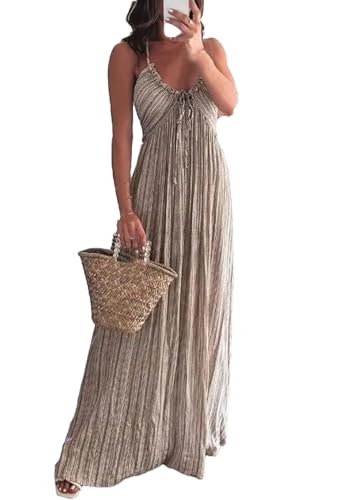 Rfmfkkg Damen-Kleid mit V-Ausschnitt, einfarbig, Schnürung, plissiert, locker, ärmellos, langes Kleid, a, Medium Rfmfkkg Damen-Kleid mit V-Ausschnitt, einfarbig, Schnürung, plissiert, locker, ärmellos, langes Kleid, a, Medium von Rfmfkkg