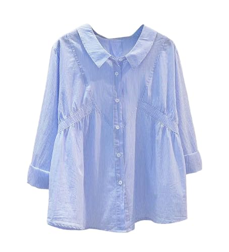 Rfmfkkg Damen-Shirt, Knopfleiste, Baumwolle, gestreift, langärmelig, locker, einreihig, hellblau, L von Rfmfkkg