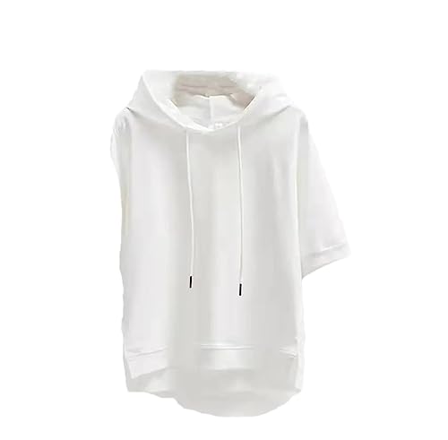 Rfmfkkg Einfarbige Kapuzenpullover, Kurzärmeliges T-Shirt Mit Kordelzug, Lockerer Pullover Mit Geteiltem Saum, Einfach White XL 55-60kg von Rfmfkkg