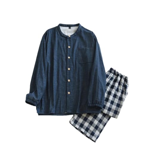 Rfmfkkg Herren-Pyjama-Set, kariert, Baumwolle, Knopfleiste, elastisch, hohe Taille, Button-Down-Nachtwäsche, Zuhause, navy, L von Rfmfkkg