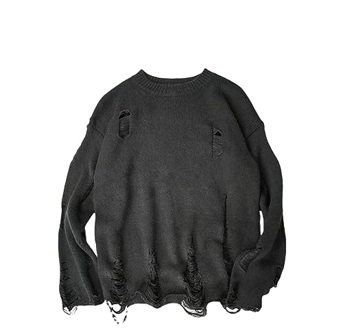 Rfmfkkg Männer Waschen Loch Zerrissene Strickpullover Einfarbig Zerrissene O-Ausschnitt Paar Pullover Black L von Rfmfkkg