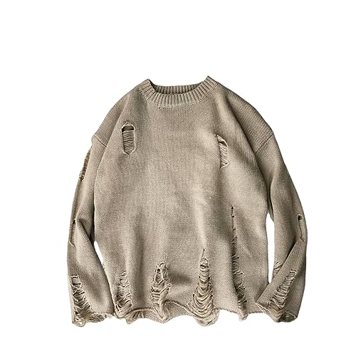 Rfmfkkg Männer Waschen Loch Zerrissene Strickpullover Einfarbig Zerrissene O-Ausschnitt Paar Pullover Khaki L von Rfmfkkg