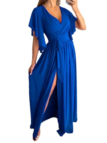 Solides Damenkleid, ausgestellte Ärmel, geteiltes Kleid, kurze Ärmel, V-Ausschnitt, lässiges Kleid, blau, L Solides Damenkleid, ausgestellte Ärmel, geteiltes Kleid, kurze Ärmel, V-Ausschnitt, lässiges Kleid, blau, L von Rfmfkkg