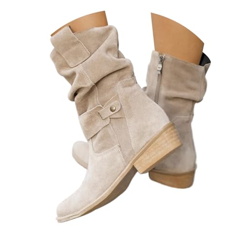 Rglashcier Cowboystiefel Damen Beige,Stiefeletten Damen Wildleder Sommer Cowboystiefel Cowboy Halbstiefel Elegant Westernstiefel Ankle Boots Classic Damenstiefel von Rglashcier