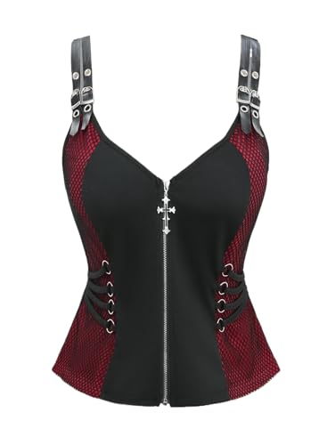 Rgothic Gothic Fischnetz-Panel, Kreuz-Reißverschluss, Riemen, PU-Riemen, Ösen, Schnalle, Tanktop, Schwarz, XX-Large Mehr von Rgothic