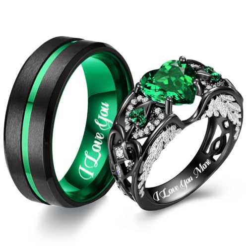 Passende Eheringe für Paare Set Versprechen Ringe für ihn und sie anpassbare Smaragd grün Verlobungsringe für Frauen Herren Ehering Wolfram graviert Valentinstag Schmuck Geschenk (Grüner-Paar) von RhanY